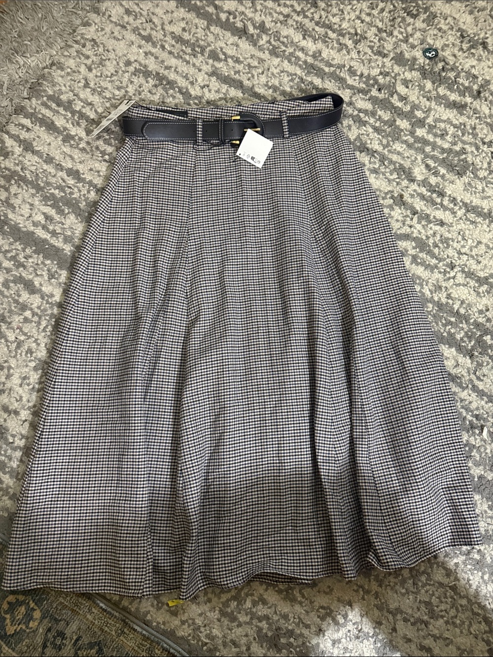 Zara Black and White Checked A-Line Skirt with Belt